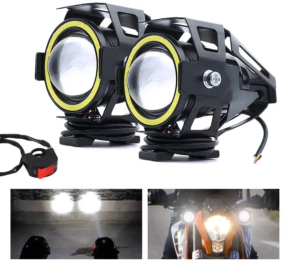 Angel Eye Headlight Motorcycle LED Spotlights Fog Lights with White Angel Eye Ring U7 High Low Beam Strobe with Toggle Switch