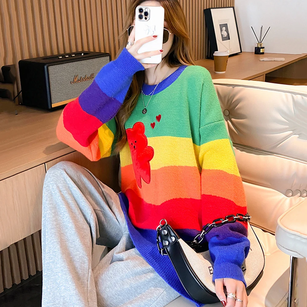 Rainbow Stripes Print Bear Sweater Women Hip Hop O-neck Knitted Pullover Jumper Streetwear Loose Knitwear Sweaters 2022