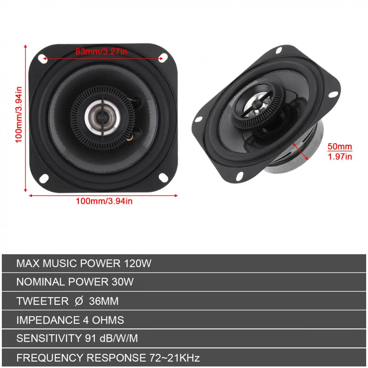 2pcs 4 Inch 12V 120W 2 Way Universal Car Coaxial Speakers Audio Stereo Full Range Frequency HiFi for Car Audio System Modified