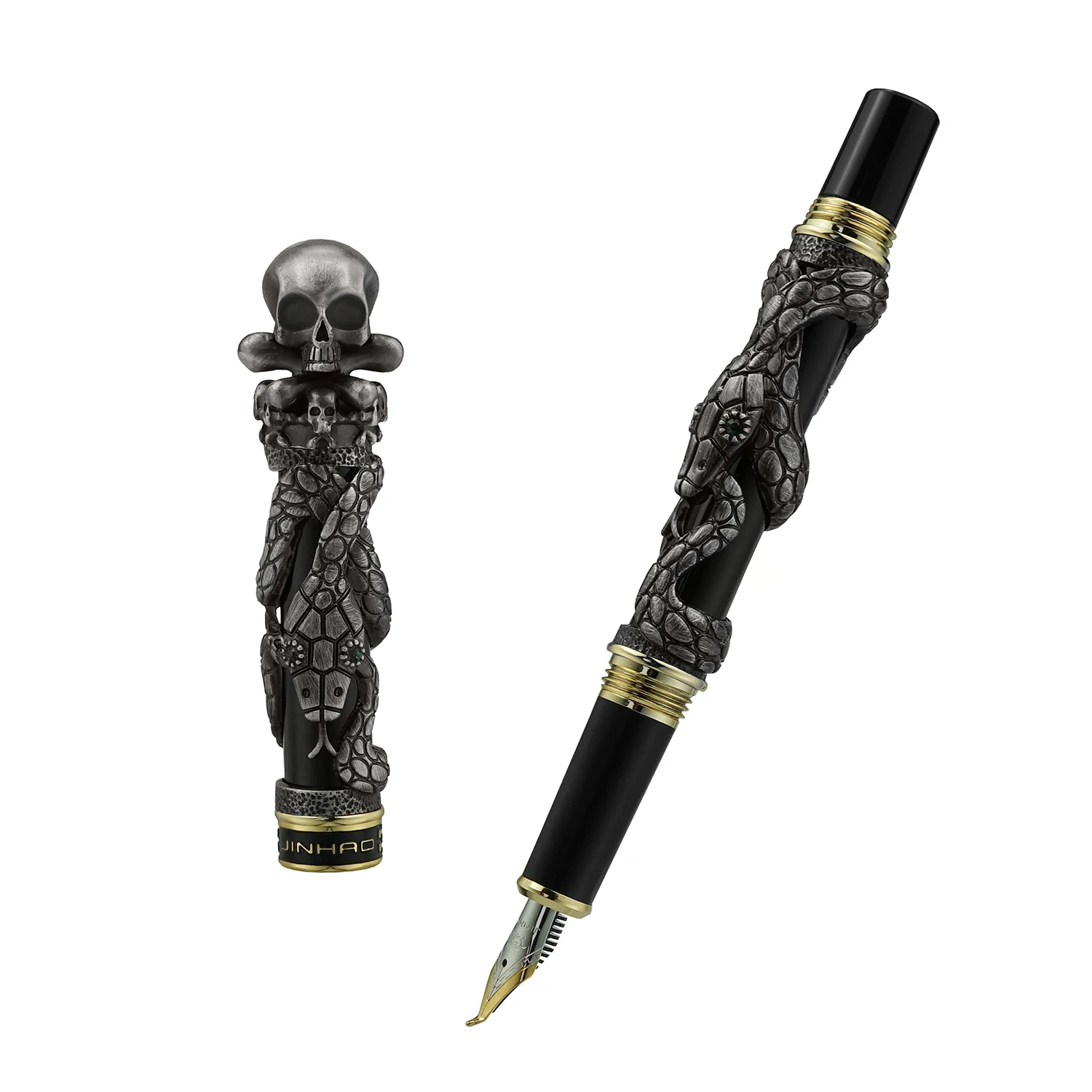 

Jinhao Metal Vintage Fountain Pen Skull Skeleton Unique Pen Cap Calligraphy Bent Nib Heavy Ancient Gray Business Gift Ink Pen