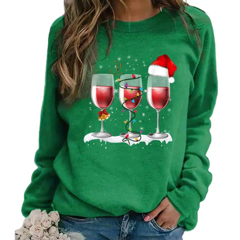 Feminino natal manga comprida wineglass impressão outono inverno blusa moletom