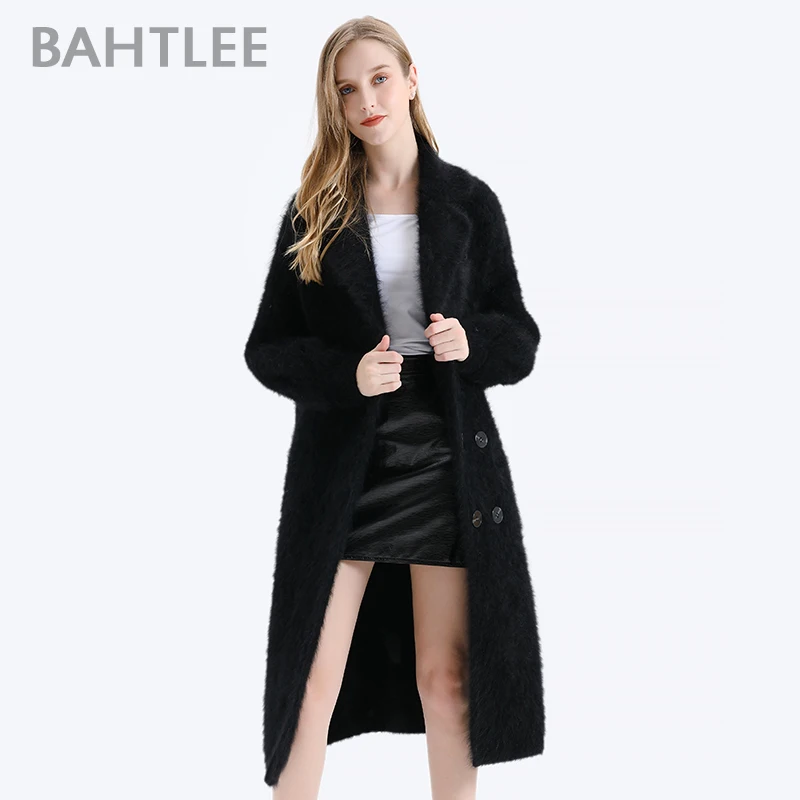 BAHTLEE-Women\'s Angora Double Breasted Long Coat, Wool Knitted Cardigans, Jumper, Turn Down Collar, Lantern Sleeves, Winter