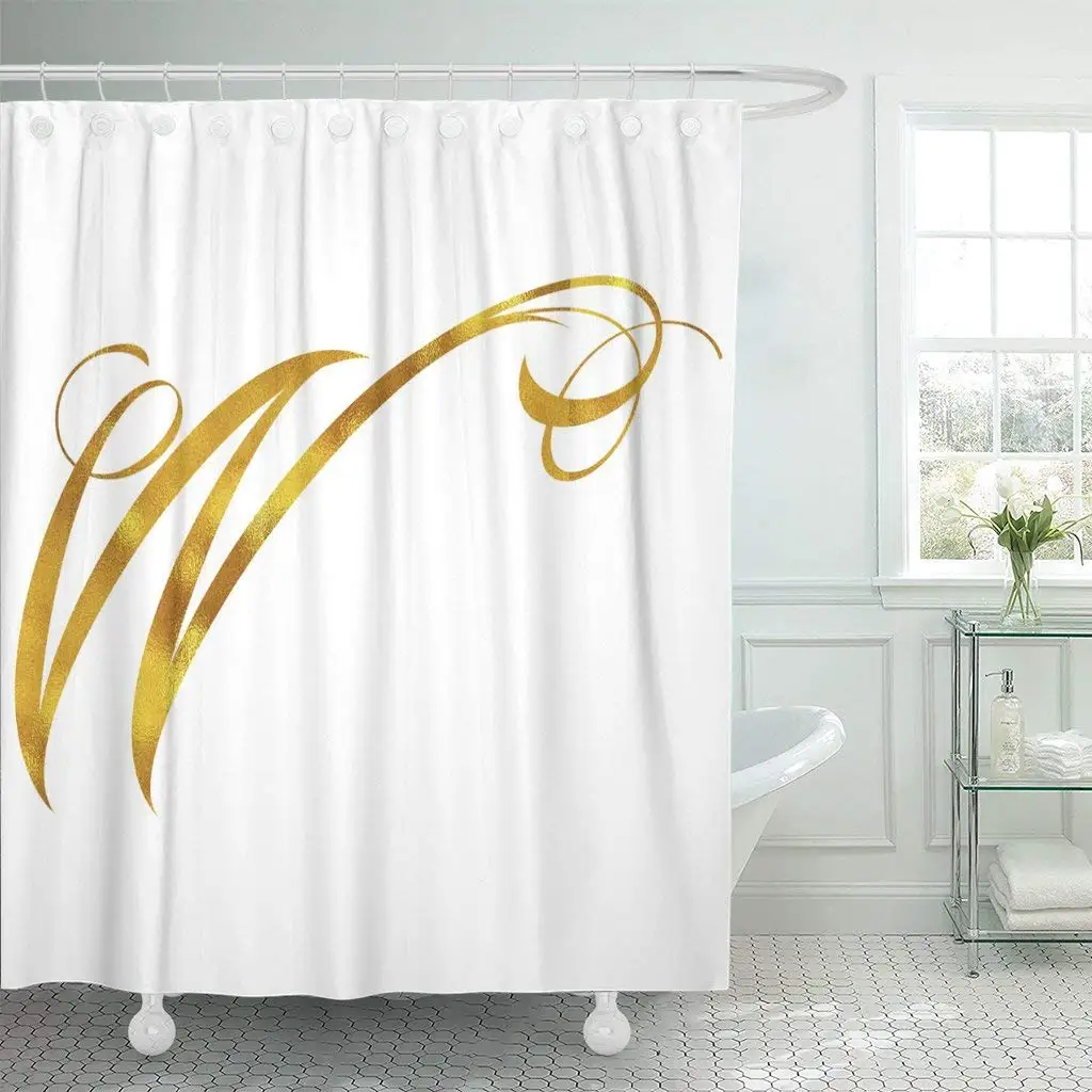 Faux Monogram W Initials Gold Letter Quote Script White Shower Curtain Waterproof Polyester Fabric 60 x 72 Inches with Hooks