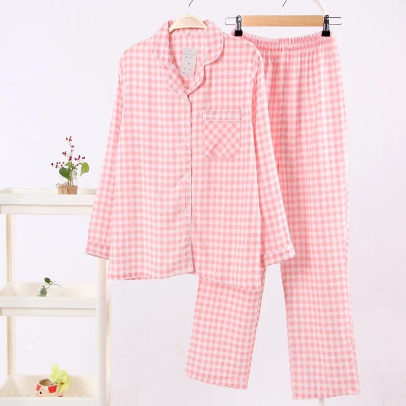 Special Price Men and Women Plaid Pijamas 100% Cotton Double-layer Gauze Long-sleeved Pajamas  Summer Couple Pyjamas Sleepwear