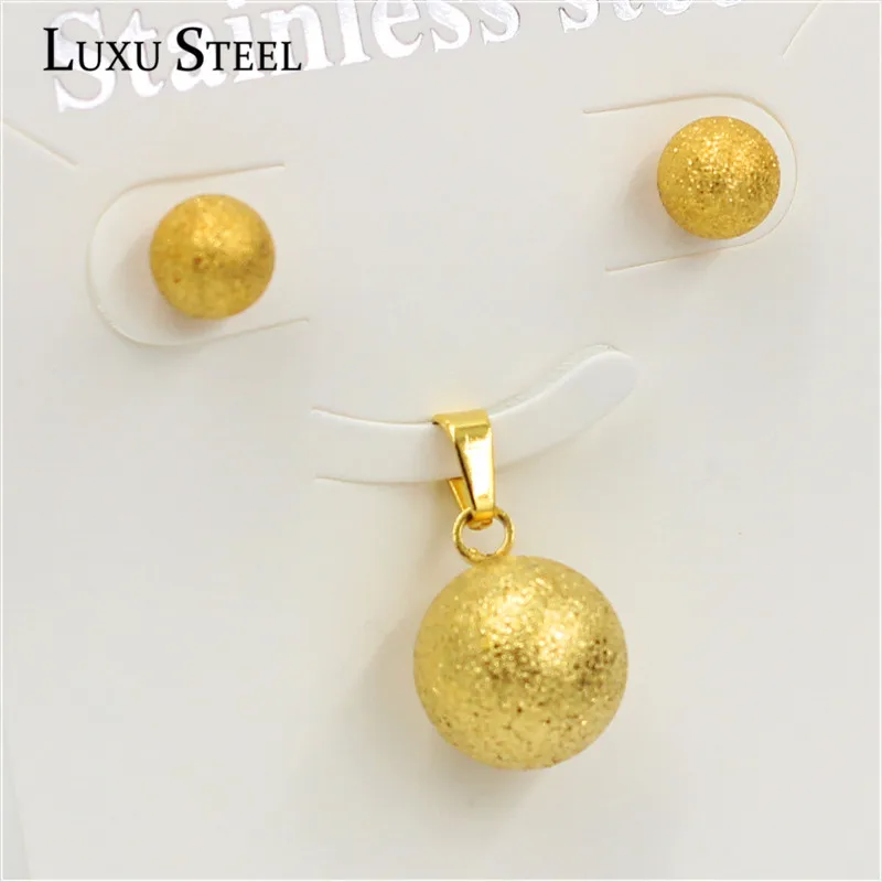 LUXUSTEEL Chokers Necklaces For Women Stainless Steel 2023 Scrub Golden Color Round Ball Pendant Necklace Earring Sets Brinco