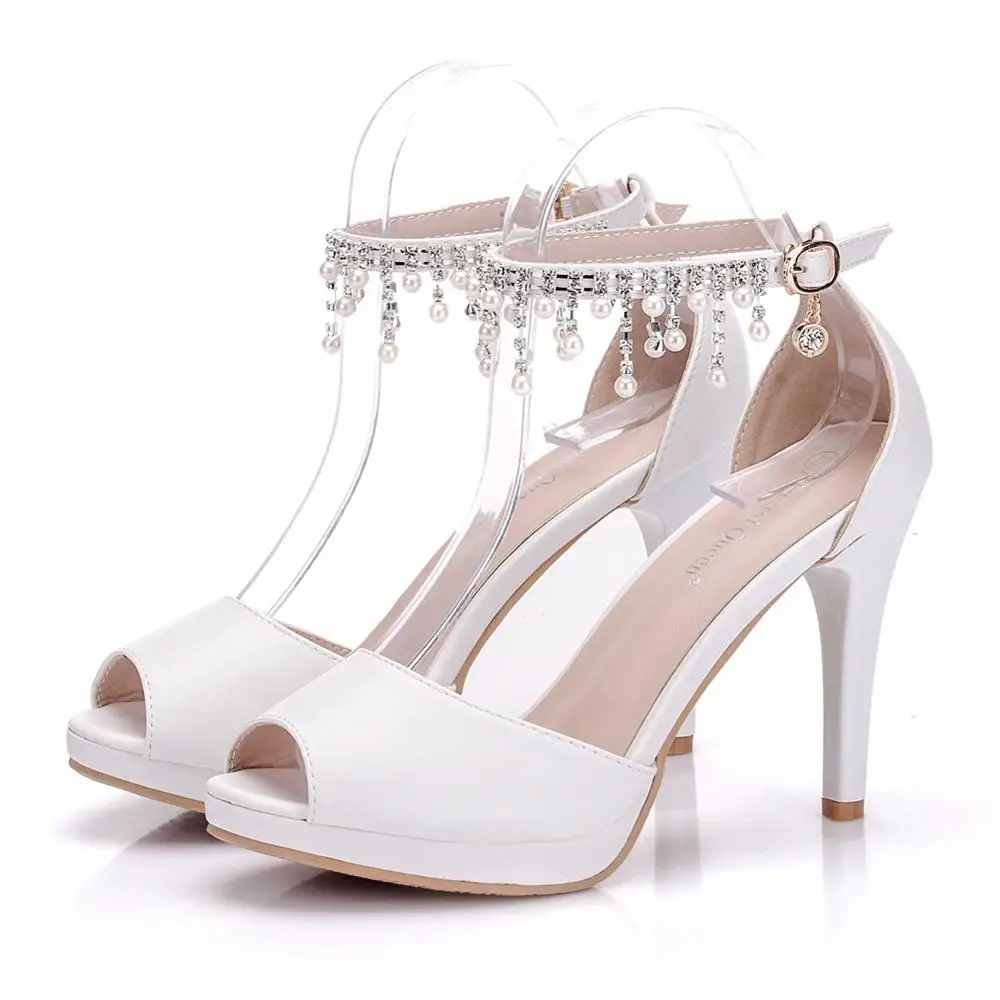 

Ladies Sweet Pearl Knot Pendant High Heels Women's Thick Heel One-button Fish Mouth Sandals Wedding Shoes Small Size 34-41