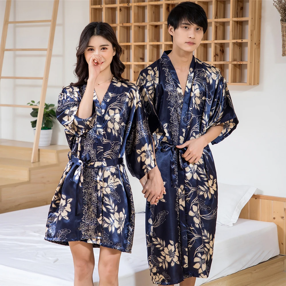 Navy Blue Men Kimono Robe Comfortable Soft Satin Bath Gown Intimate Lingerie Summer Casual Half Sleeve Home Wear Sleepwear