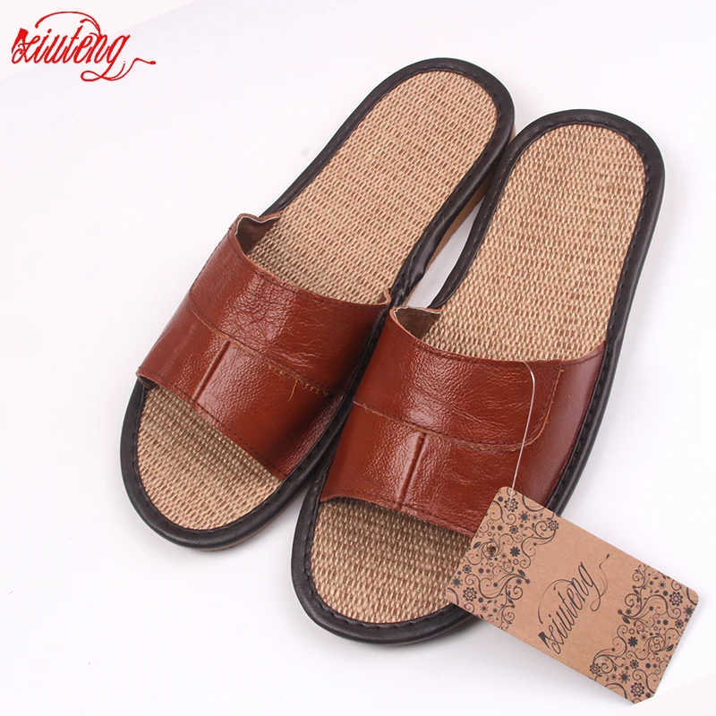 New 2020 Famous Brand Casual Men Sandals Summer Leather Linen Slippers Summer Shoes  Flip Flops Fast Shipping