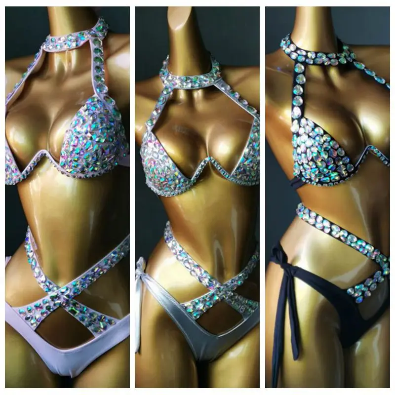 4 jasny kolor Bikini Set kobiety Diamante karnawał biustonosz Rhinestone Sexy noc klub majtki festiwal nosić płonący mężczyzna strój