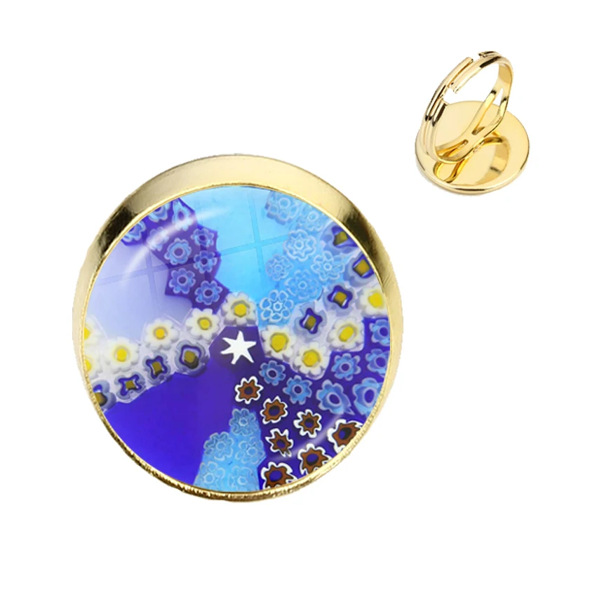 Murano Millefiori Ajustable Rings MultiColour Flower 16mm Glass Cabochon Ring Jewelry For Women Men Gift Wholesale