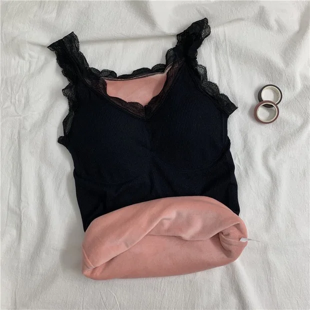 Winter Warm Lace Crop Top Vest Women's Lace Slim Plus Velvet Top Thick Plus Size Women Thermal Vest Lace Fleece Tank Tops