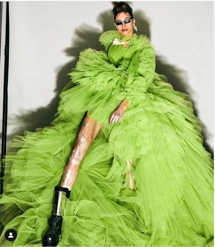 Trendy Neon Green High Low Ruffles Tulle Prom Gowns Lush Tiered Full Sleeves Long Tutu Women Dresses Formal Party Dress