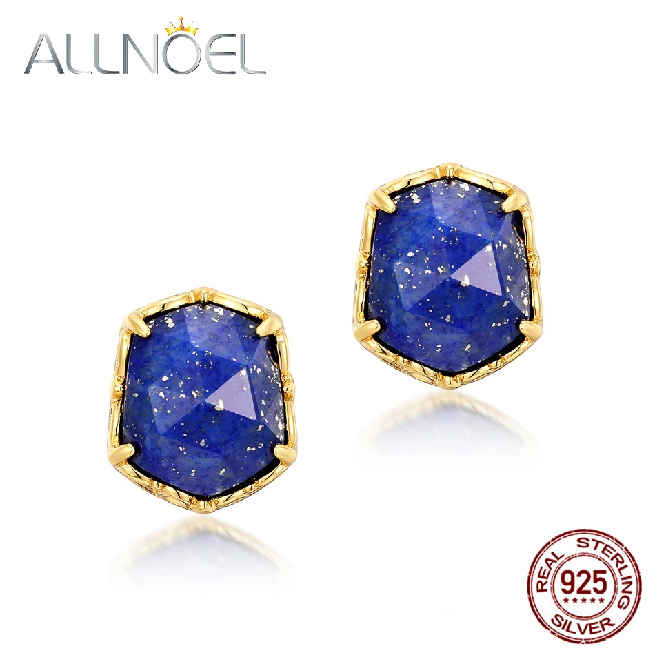 

ALLNOEL Natural 8*7mm Lapis Lazuli 925 Sterling Sliver Stud Earrings For Women Vintage Gold Plated Anniversary Gift Fine Jewelry