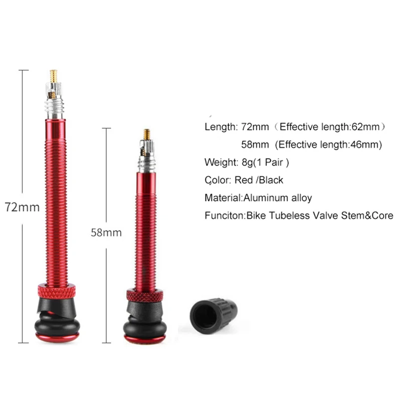 1 Pair Of Tubeless Valve Stem&Core For Bike Bicycle Tubeless Presta Valve Stem 58mm/72mm Aluminum Alloy No Tubes Valve Red/Black