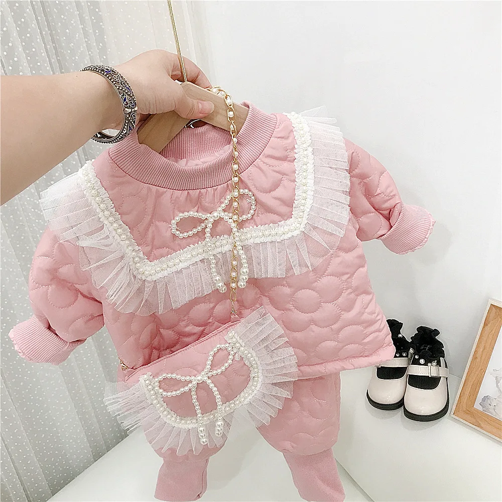 Fashion Baby Girls Pearls Beading Lace Pullover Outwear Coats+Pants 2Pcs Autumn Winter Children Clothing Sets Kids Warm Snowsuit