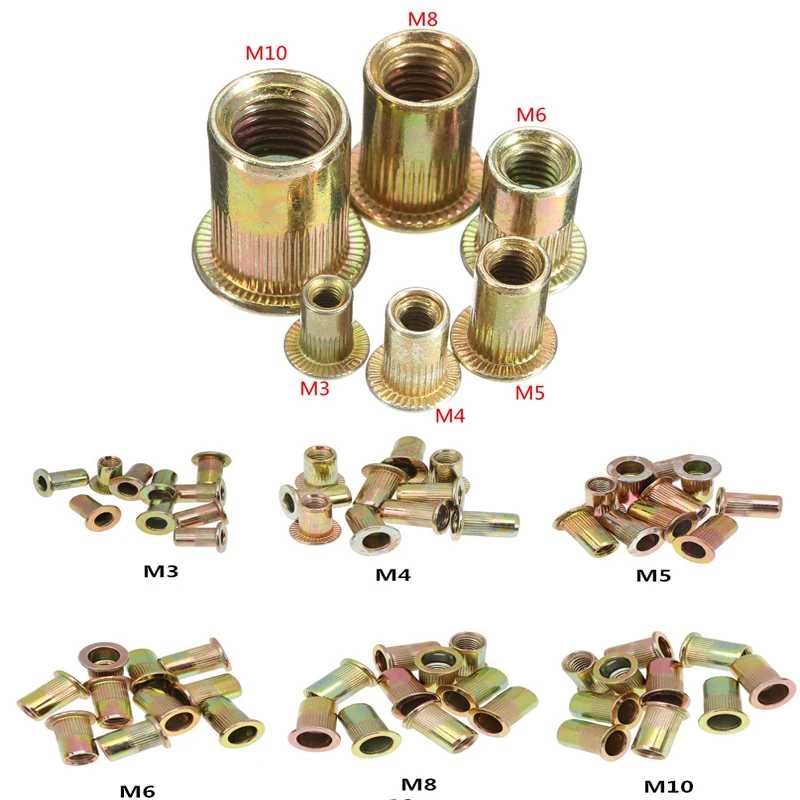 10PCS/set Carbon Steel Rivet Nuts M3 M4 M5 M6 M8 M10 Multi Size Flat Head Rivet Nuts Set Nuts Insert Rivet Tool