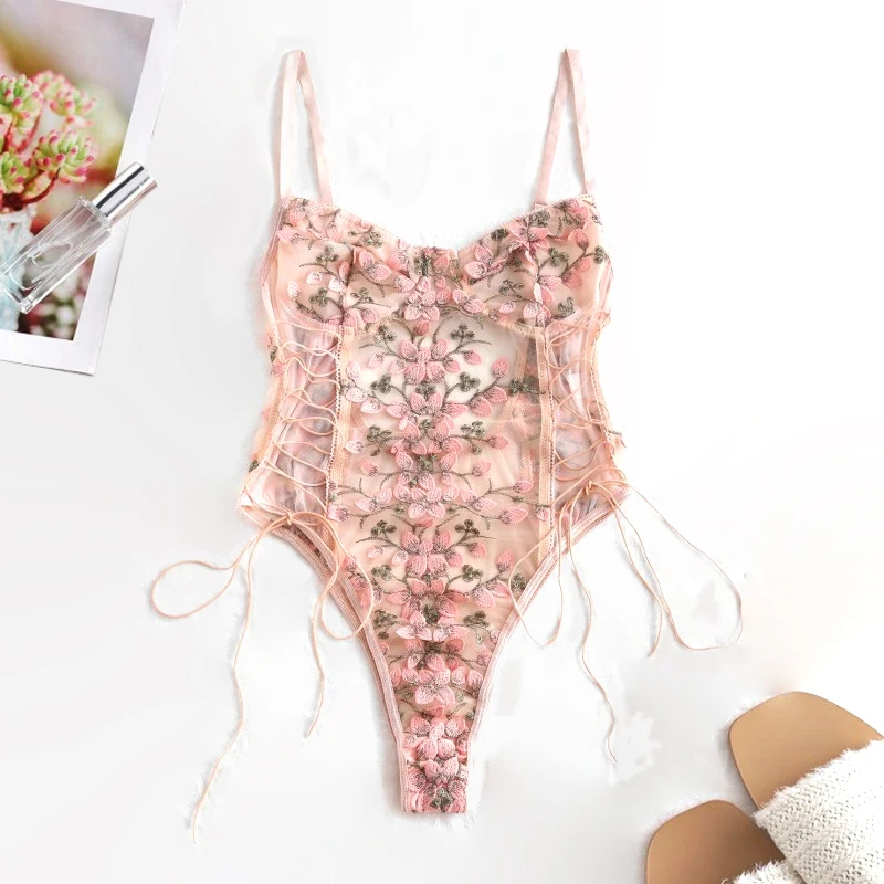 Women Teddy Lingerie Sexy Underwear Erotic Corset Lace Mesh Sleepwear Nightwear  Embroidered Strap One-Piece Pajamas