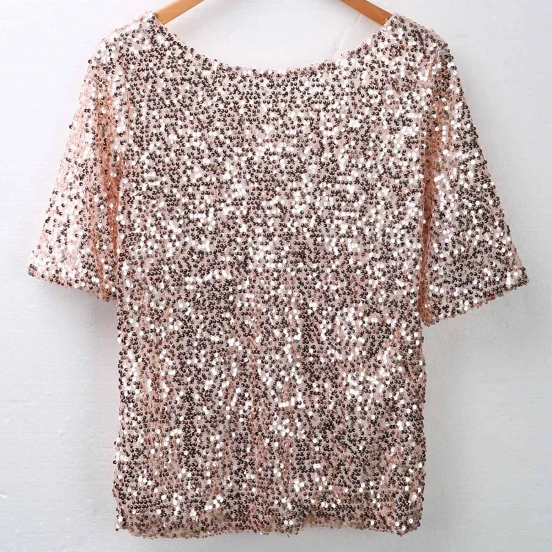 Women Ladies Sequin Short Sleeve Fashion Casual Sparkly Tops Glitter Evening Party Tops Shirt