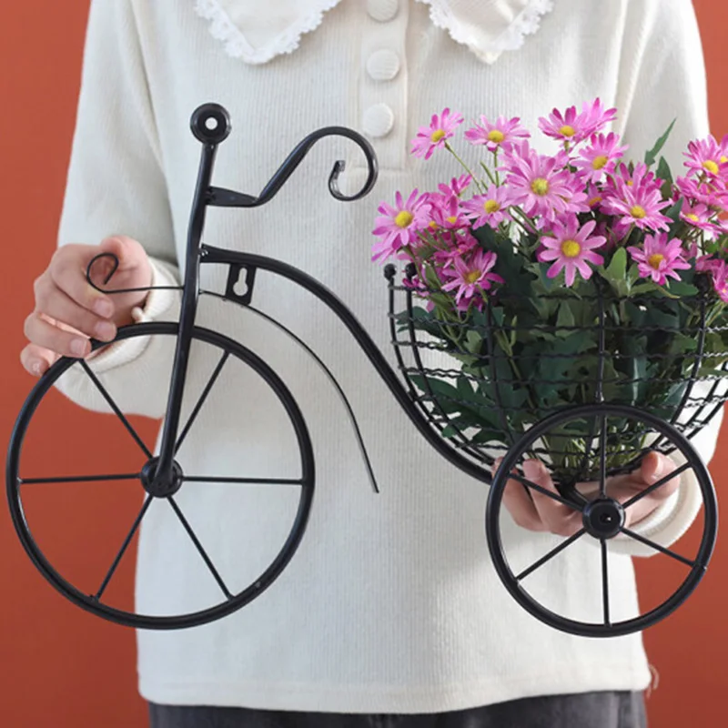 Metal Bicycle Flower Basket Wall Art Wall Mount Hanging Flawer Rack Unique Art Ornaments Classic Retro Style for Home Decor