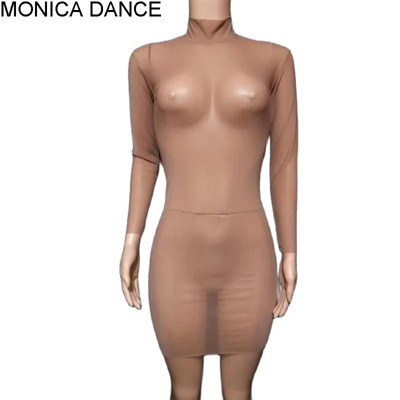 

Women Sexy Stage Stretch Nude Mesh See through Performance Dress Female Singer Stage Wear Nightclub Birthday Celebrate Outfit