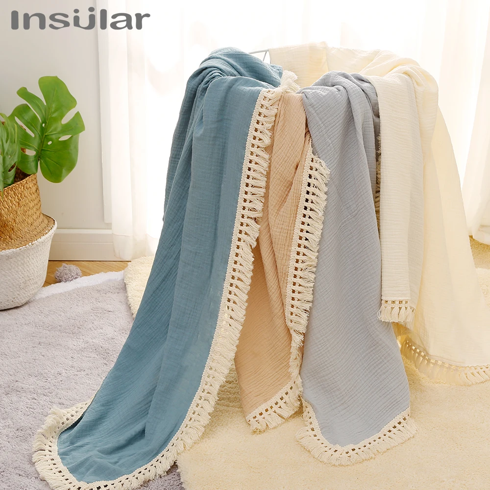 Insular Nordic Pure Color Gauze Blanket Tassel Flying Baby Blanket Sofa Warm Decorative Air Conditioning Blanket Baby Swaddle