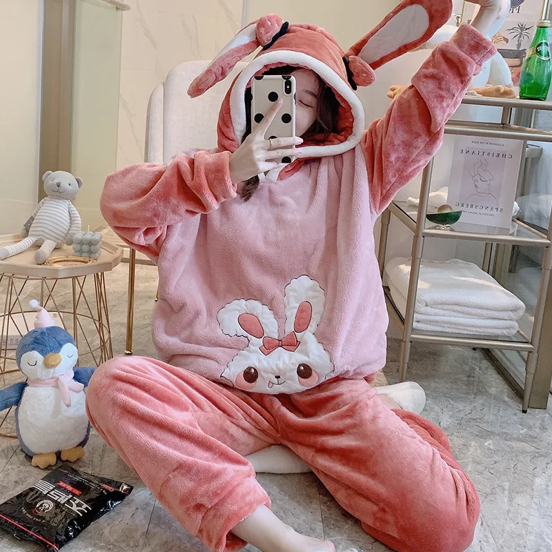 

Winter Thick Flannel Pajamas Set Women Sweet Cute Pyjama Animal Hooded Letters Sleepwear Warm Coral Velvet Girl Thick