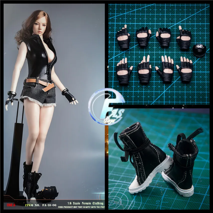 

FASToys 1/6 FA-18-06 Female Soldier Black Leather Jacket Denim Shorts Trendy Shoes Set for 12 inch Movable Female Soldier Doll