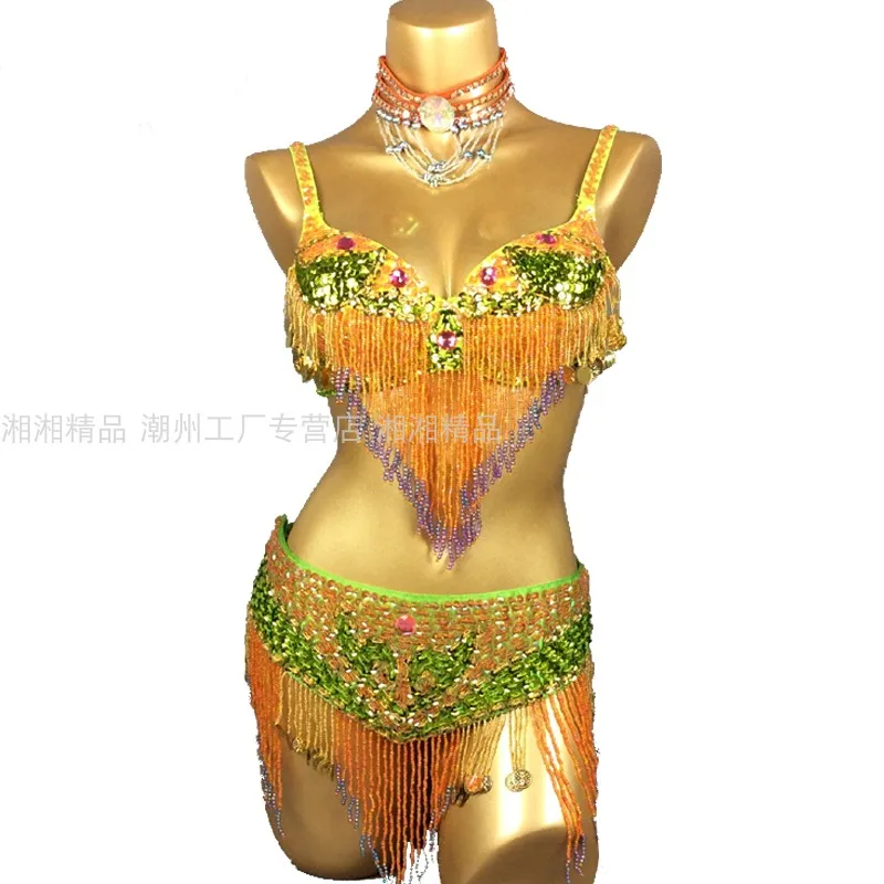 Hot Selling Belly Dance Competition Costume New-Style Sexy Handmade Beaded Tassel Sequins Bra Belt 2 Piece Sets 5 COLOR DL6290