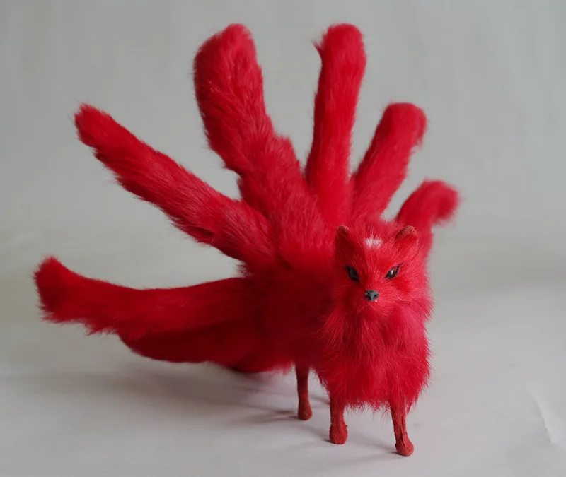 Modelo creativo de zorro rojo de nueve colas, muñeca de zorro de fuego de plástico y piel de la vida real, regalo de aproximadamente 30x12,5 cm