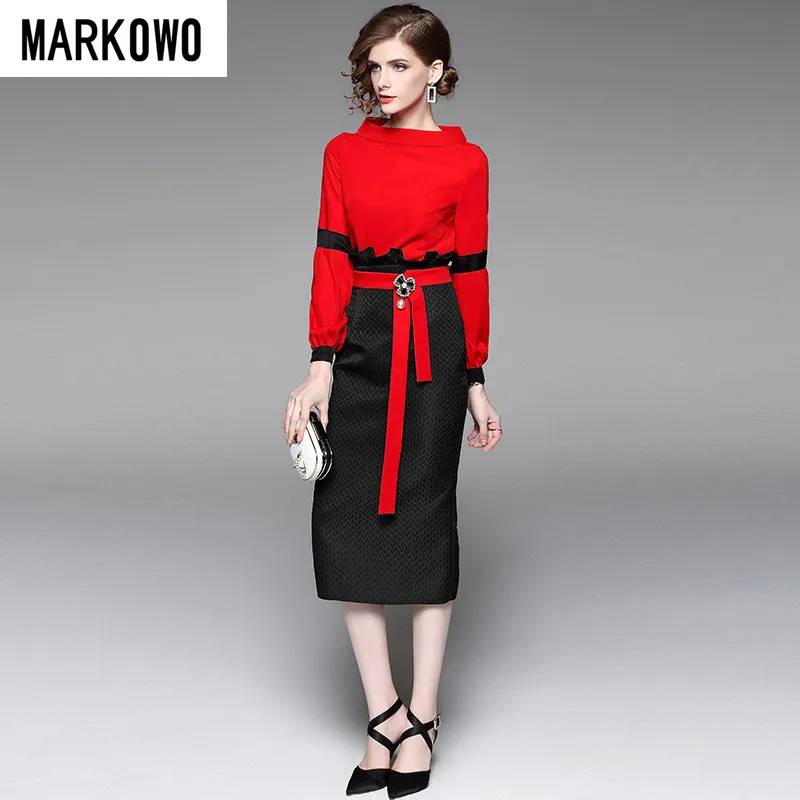 

MARKOWO Desinger Brand New fashion suit skirt women's two-piece red Set hip skirt Lady Office Suit