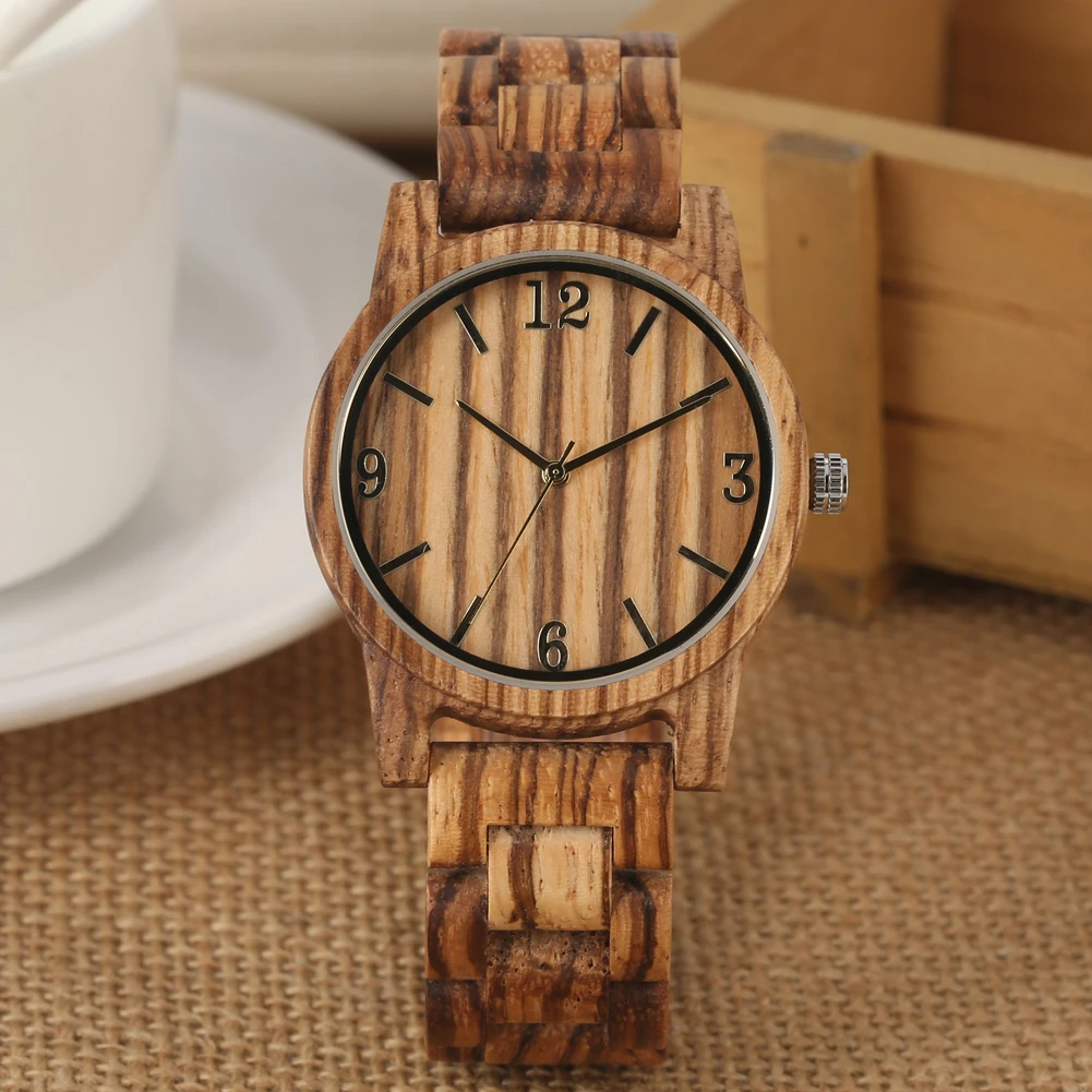 

Zebrawood Quartz Wooden Watch Dial Men's Watches Arabic Numerals Wooden Band Practical Strap Wooden Wristwatch Unisex Gift Retro