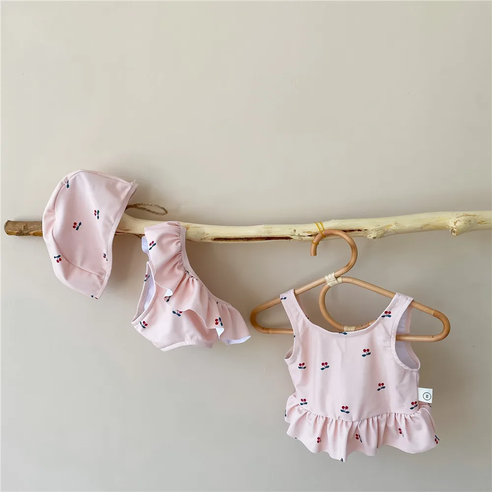 Summer Newborn Baby Girls Split Swimsuits Cherry Printed Korean Style Beach Vacation Infants Backless Swimwear Kids Clothes