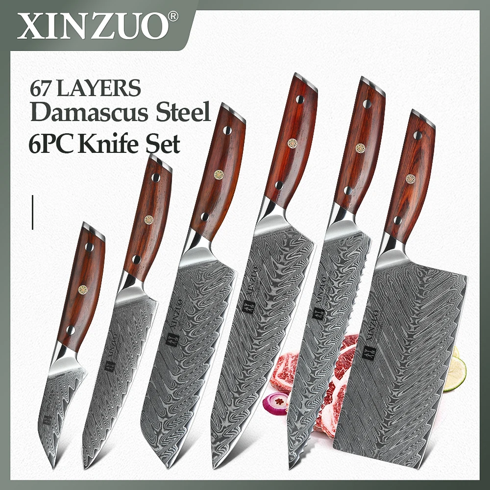 

XINZUO 6 PCS Kitchen Knife Set Damascus Steel New Cleaver Meat Paring Utility Santoku Slicing Bread Chef Cooking Tools