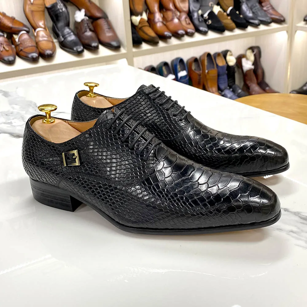 Men Genuine Leather Oxford Shoes Brown Black Business Dress Suit Shoes Men High Quality Snake Print Lace Up Wedding Mens Shoes