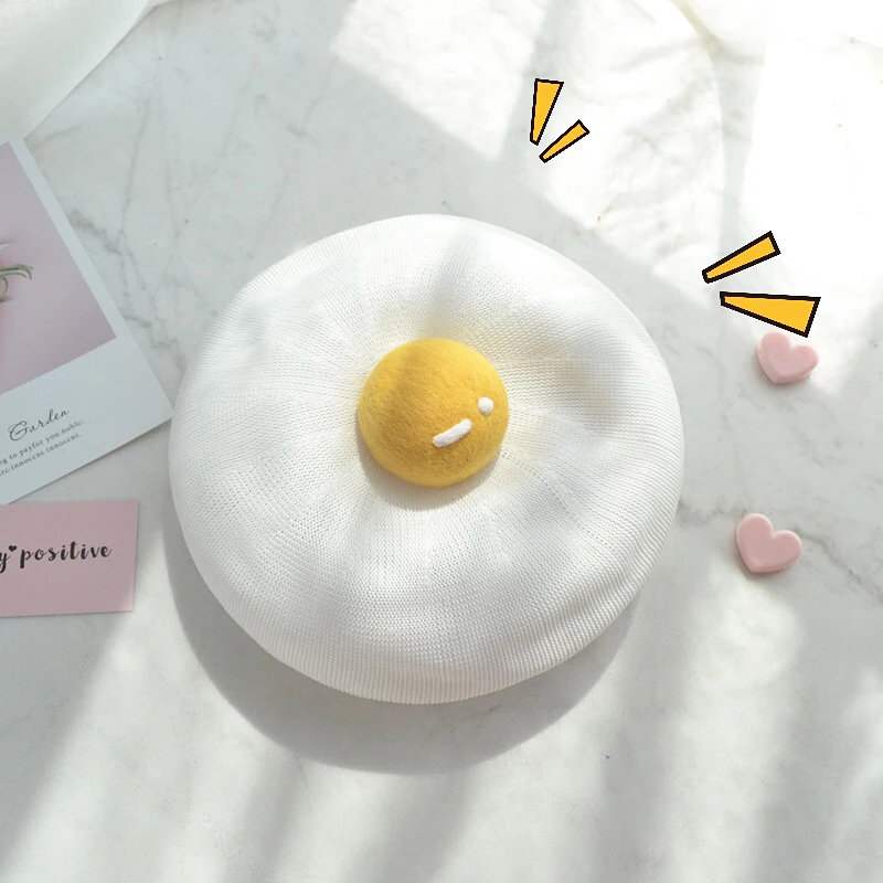 

Women's beret hat handmade egg yolk white painter cap spring and summer thin section breathable cute poached egg beanie gift