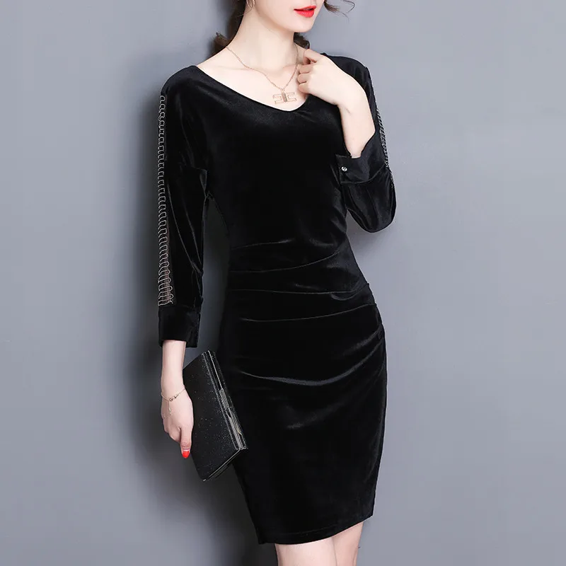 Velvet Women Female Bodycon V-Neck 2020 Vintage Velour Dresses Black Evening Party Dress Vestidos Plus Size WXF640