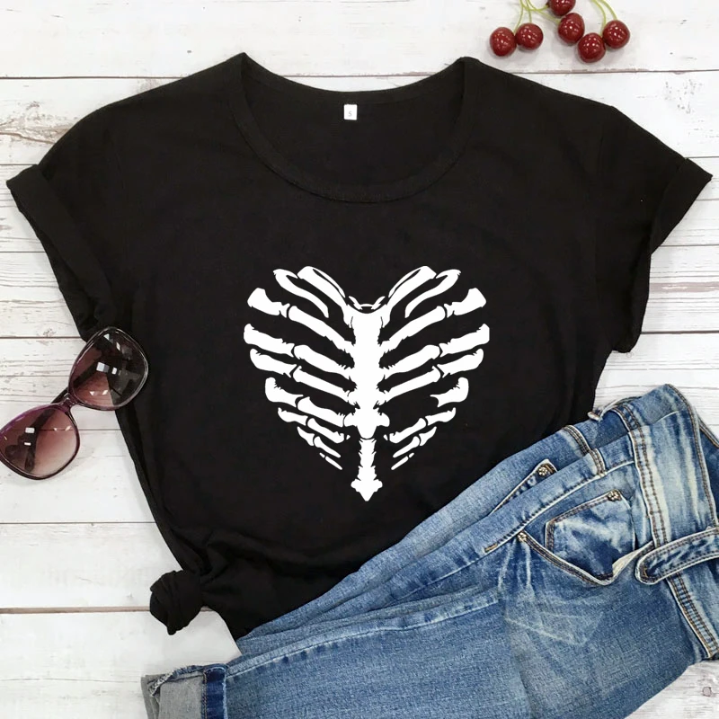 Skeleton Heart T-shirt Cute Punk Rocker Skull Ribcage Heart Tshirt Funny Women Halloween Party Gift Tee Shirt Top Streetwear