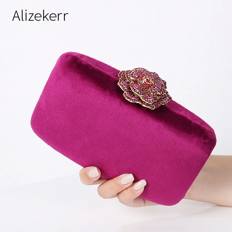 Diamonds Flower Velvet Evening Bag Women New Elegant Chain Banquet Dress Clutch Bag Ladies Wedding Dinner Party Box Small Purses