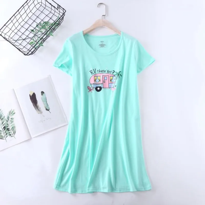 2024 Summer Female Casual Loosen Cartoon Night dress Ladies Cotton Nightgown Women Short Sleeve Round collar Home sleepshirt