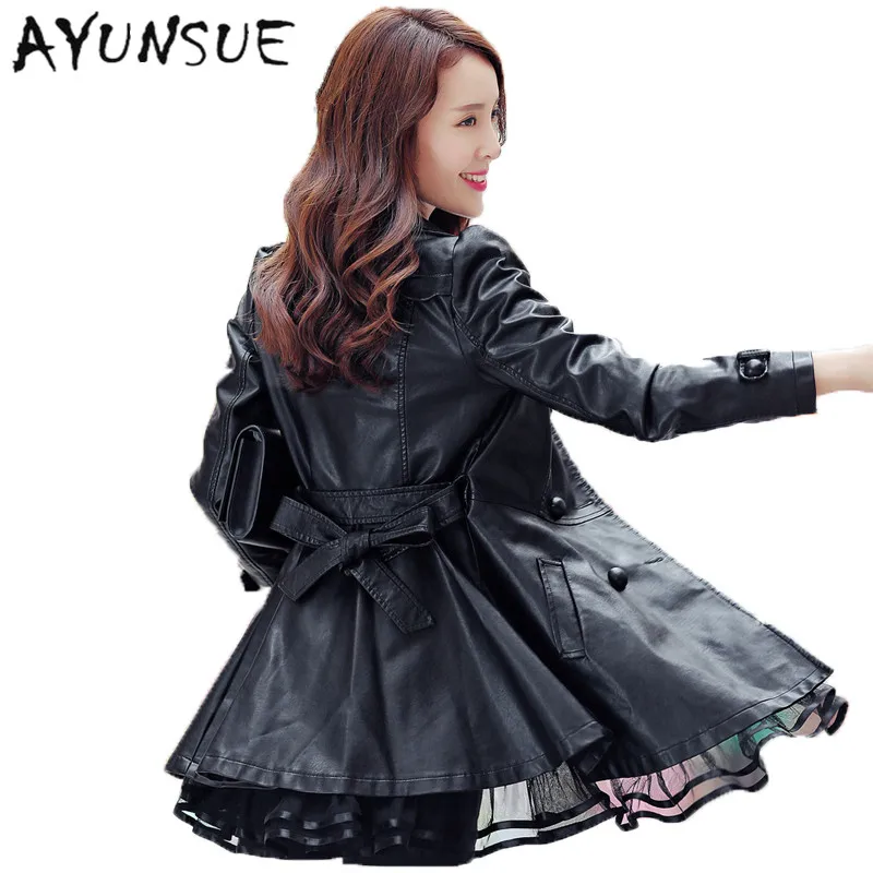 

7XL Jackets Fashion Black Lace Skirt Coats Medium Long Slim Women's Leather Jacket Women Red Faux Sheepskin Coat WUJ1230