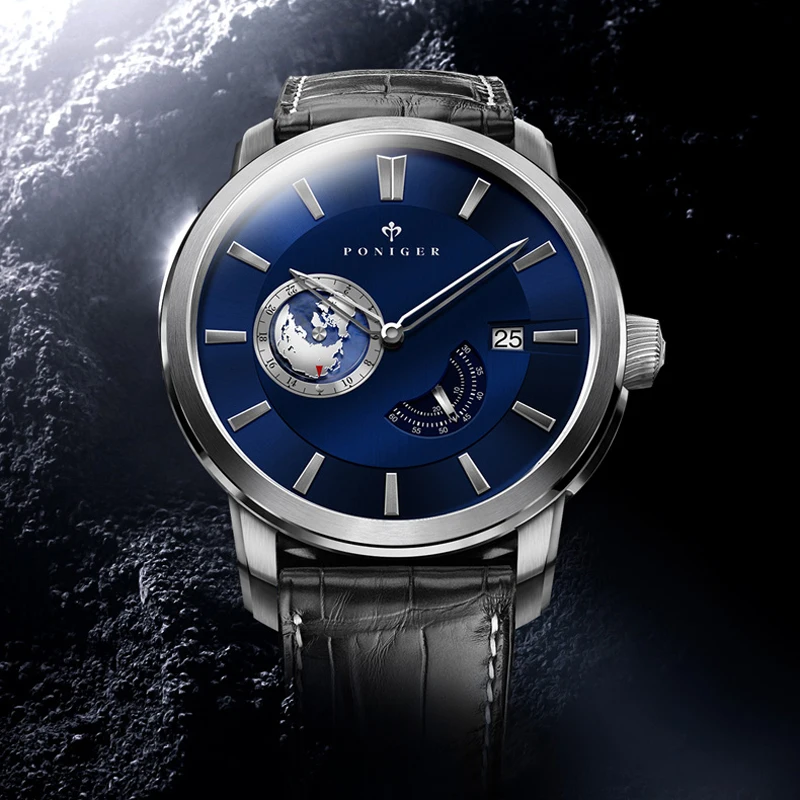 PONIGER Luxury High Quality Men Wrist Watches Automatic Mechanical Watch World Map Dial  Sapphire Glass Waterproof Watch