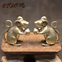 Copper Cute Mouse Peach Miniatures Figurines Tea Pet Table Ornament Crafts Brass Animal Rat Statue Home Decorations Accessories