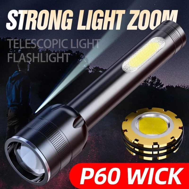 25000LM Super Bright P60 LED Flashlight Camping Light 5Modes Rechargeable Tactical Torch Zoom Bicycle Light For Adventure Hike