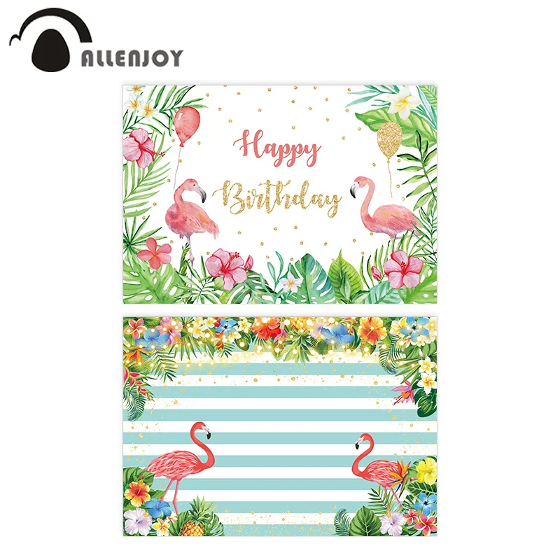 Allenjoyฤดูร้อนพื้นหลังHappyวันเกิดTropical Leavesดอกไม้Flamingoลายเส้นพื้นหลังเด็กงานปาร์ตี้Photozoneแบนเนอร์