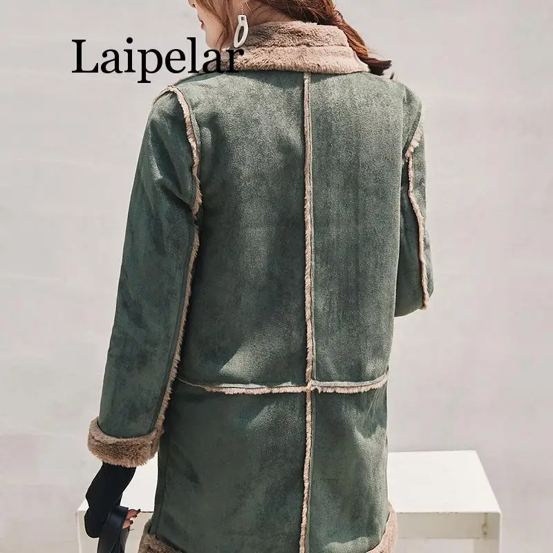 Winter Long Faux Suede Leather Jacket Women Female Green Faux Fur Lined Suede Jacket Woman Coat Large Windbreaker