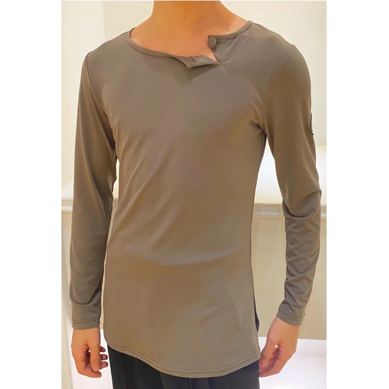 Men'S Small V-Neck Shirts Latin Dance Practice Clothes Long Sleeve Tops Daily Exercise Wear Chacha Samba Latin Costumes DQS7596