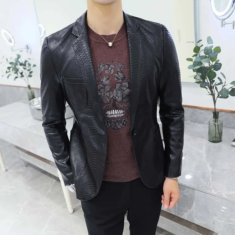 

Fashion Blazer Mens Night Club Stage Faux Leather Jacket Singer Suit Costume Slim Fit Clothing For Men Casual Jackets