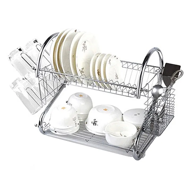 

S-Shaped Dish Rack Set 2-Tier Chrome Stainless Plate Cutlery Cup Tableware Tray Drain Bowl Rack Kitchen Shelf Storage Basket