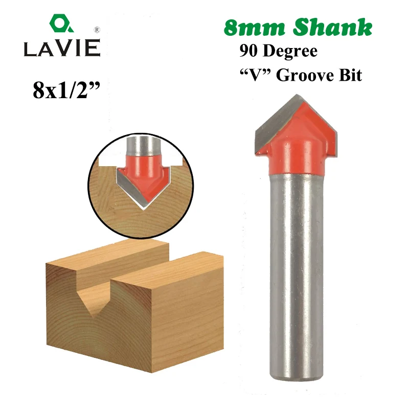 LAVIE 1pc 8mm Shank 90 Degree V Groove Bit 1/2 Inch CNC Engraving Solid Router Bit Carbide Milling Cutter Wood Drilling MC02019