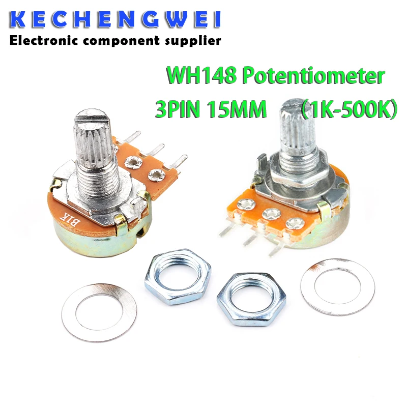 5pcs WH148 B1K B2K B5K B10K B20K B50K B100K B500K 3Pin 15mm Shaft Amplifier Dual Stereo Potentiometer 1K 2K 5K 10K 50K 100K 500K